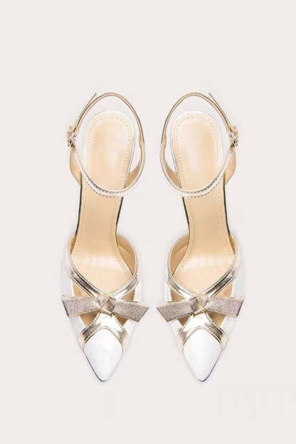 White Sparkly High Heels with Ankle Strap and Pointed Toe Bow
