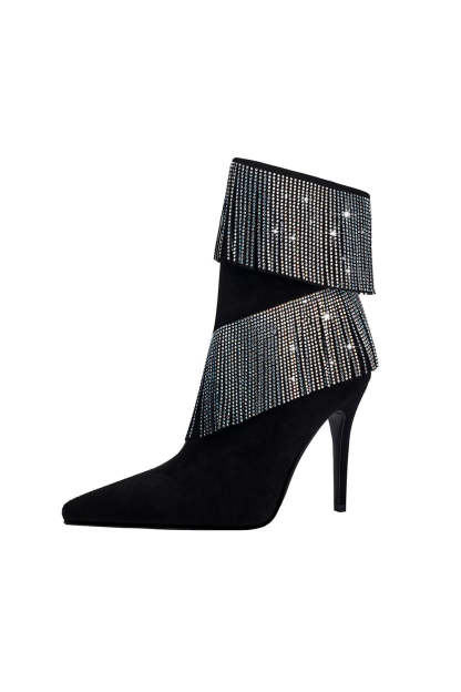 Black Ankle Boots with Glitter Beading and Tassels