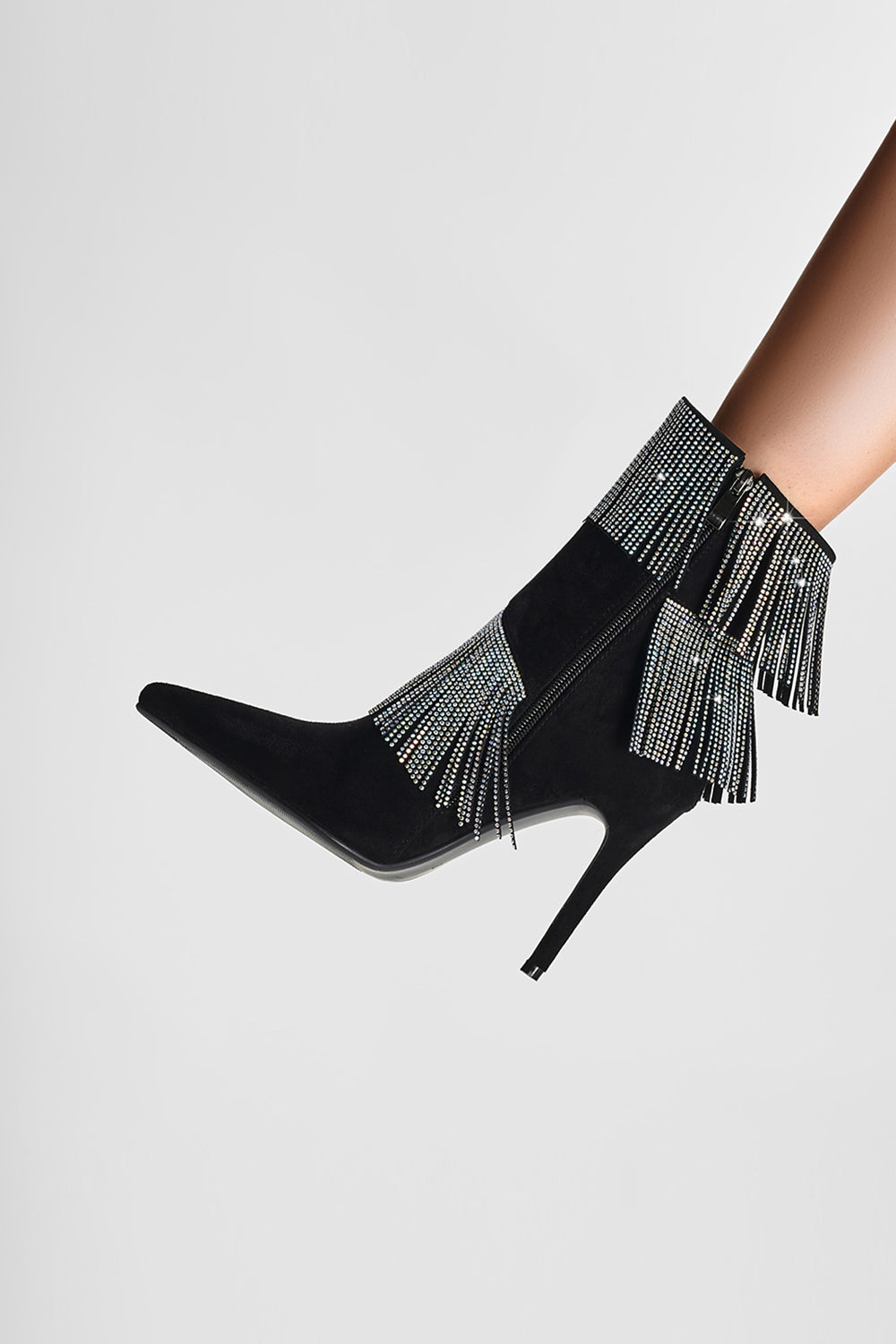 Black Ankle Boots with Glitter Beading and Tassels