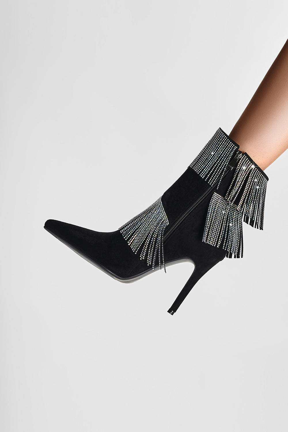 Black Ankle Boots with Glitter Beading and Tassels