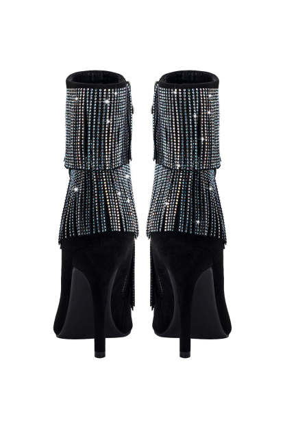 Black Ankle Boots with Glitter Beading and Tassels