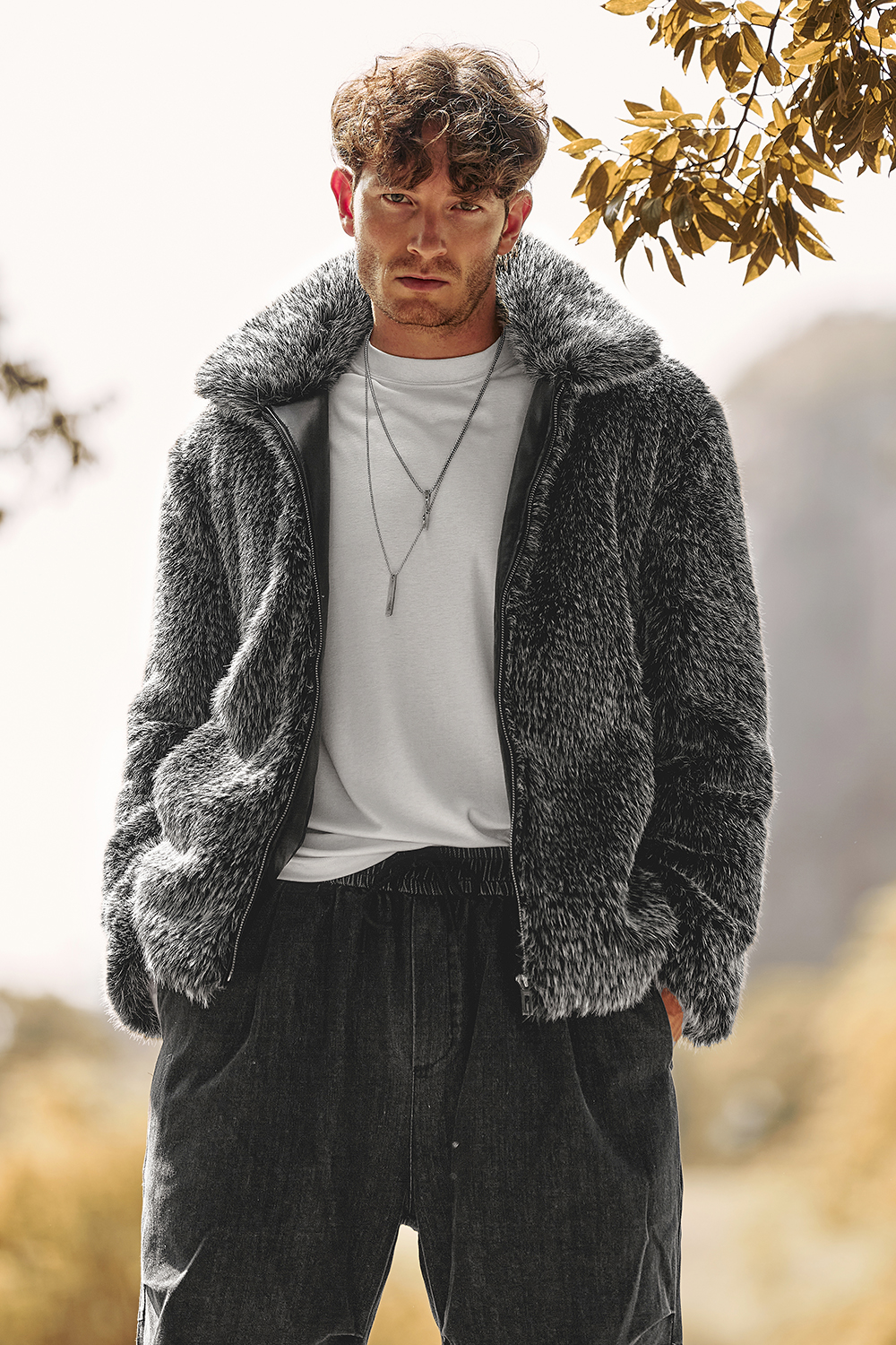 Men's Winter Coat with Turn Lapel in Dark Grey Fluffy Faux Fur