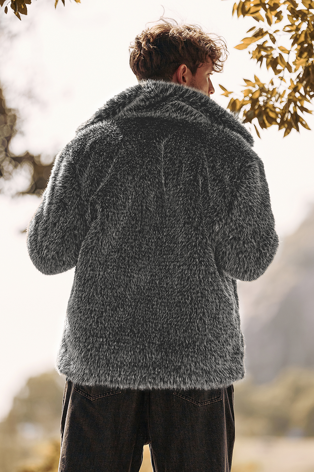 Men's Winter Coat with Turn Lapel in Dark Grey Fluffy Faux Fur
