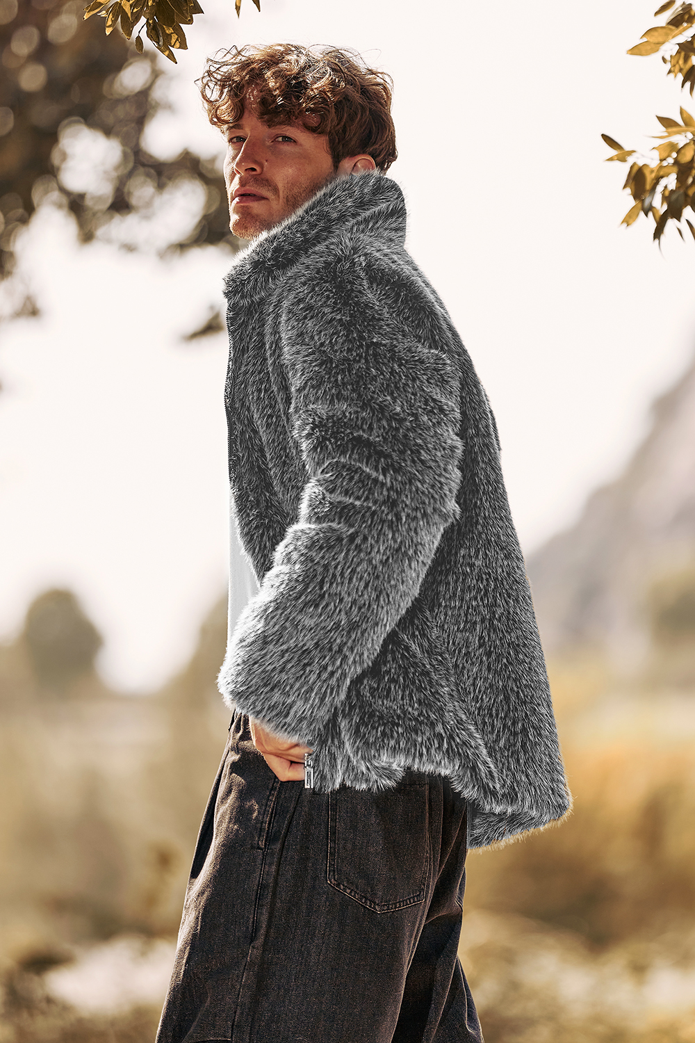 Men's Winter Coat with Turn Lapel in Dark Grey Fluffy Faux Fur