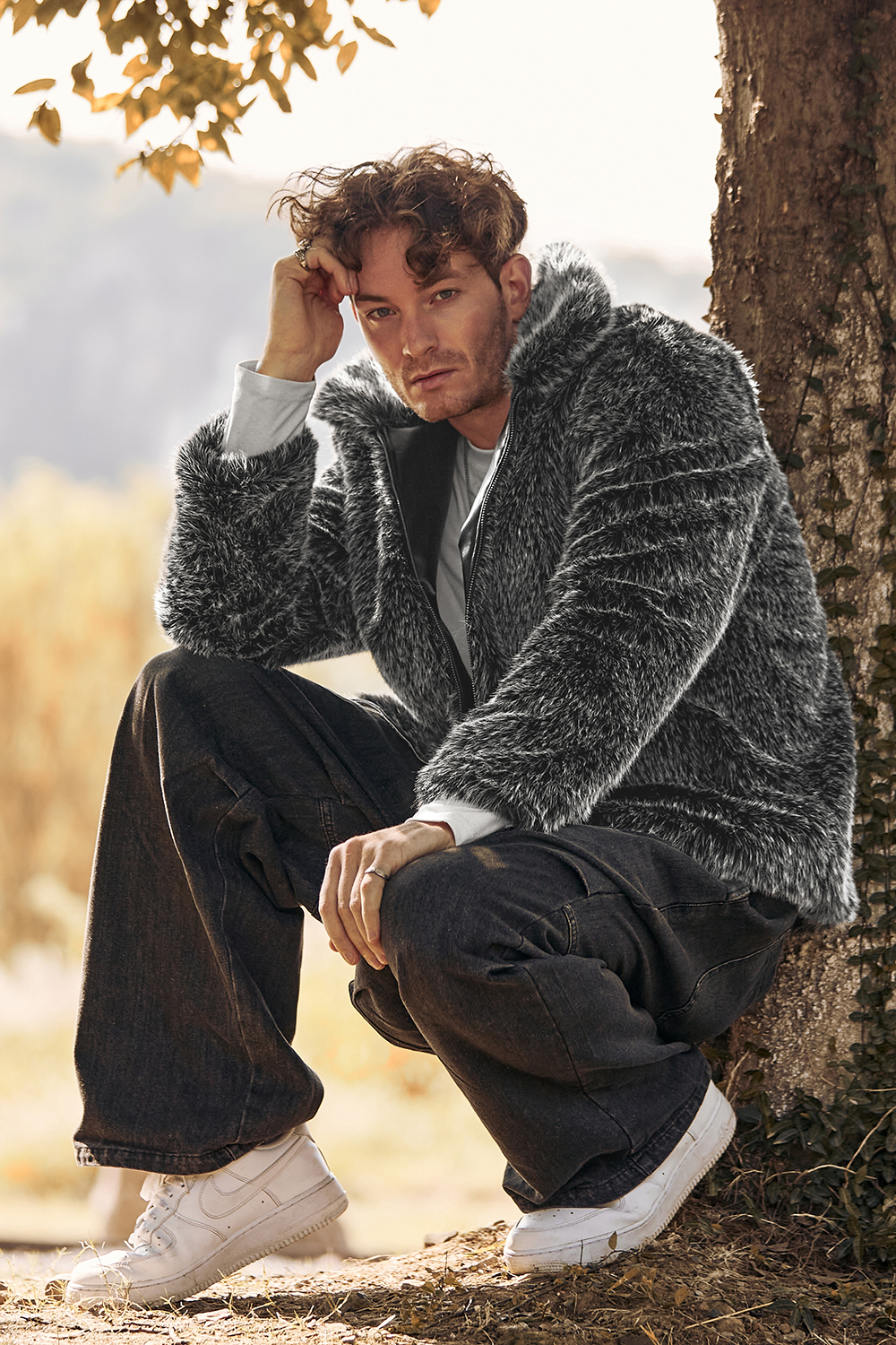 Men's Winter Coat with Turn Lapel in Dark Grey Fluffy Faux Fur