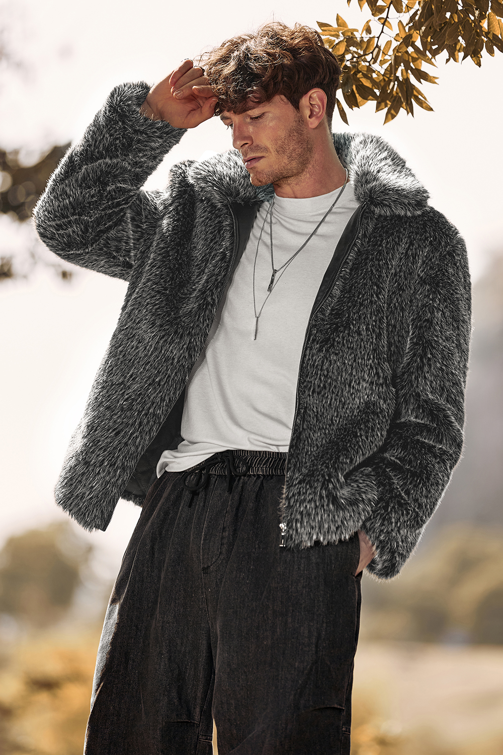 Men's Winter Coat with Turn Lapel in Dark Grey Fluffy Faux Fur