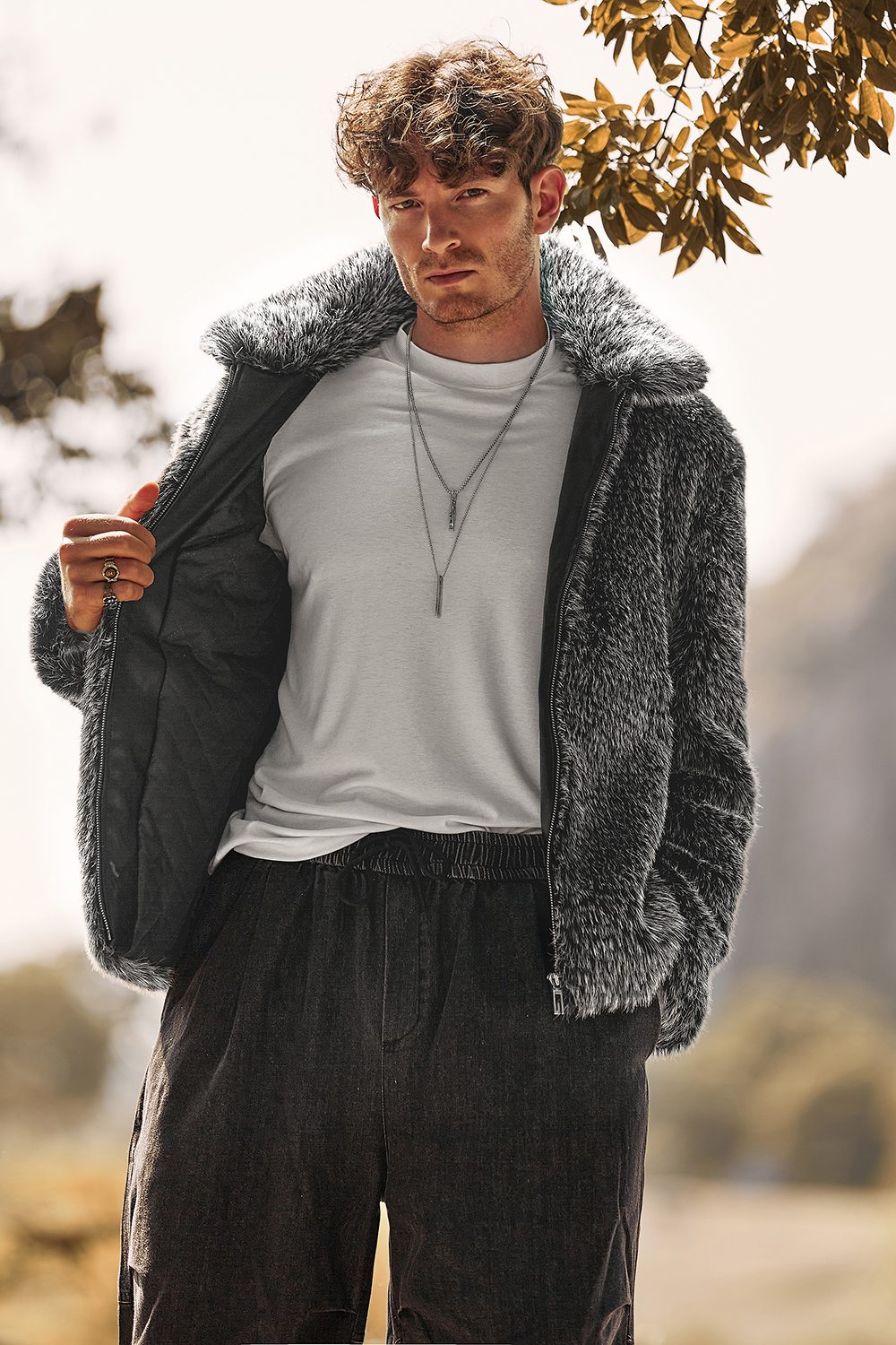 Men's Winter Coat with Turn Lapel in Dark Grey Fluffy Faux Fur