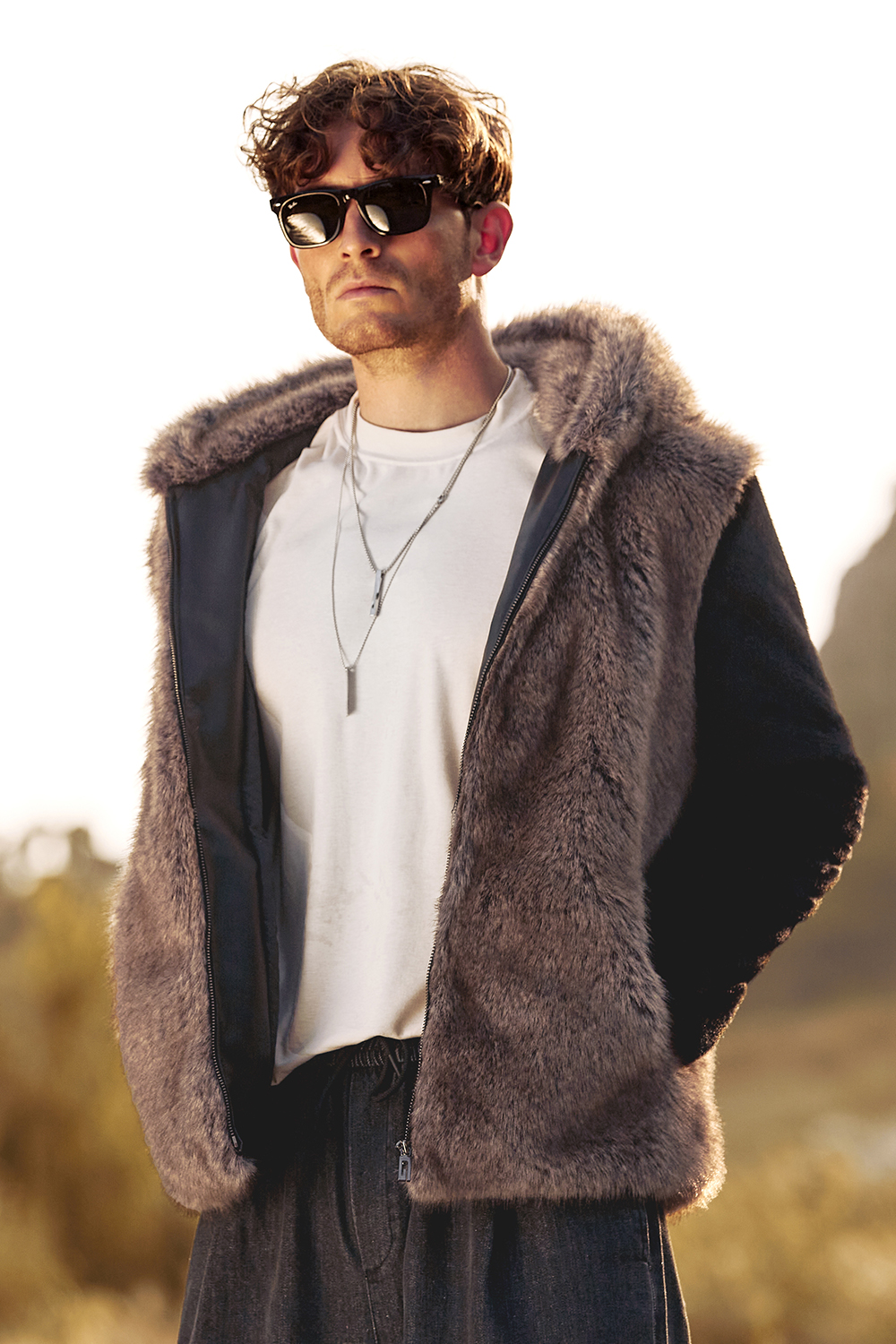 Warm Men's Hooded Coat with Long Sleeves in Fluffy Brown Faux Fur