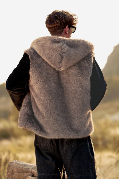 Warm Men's Hooded Coat with Long Sleeves in Fluffy Brown Faux Fur