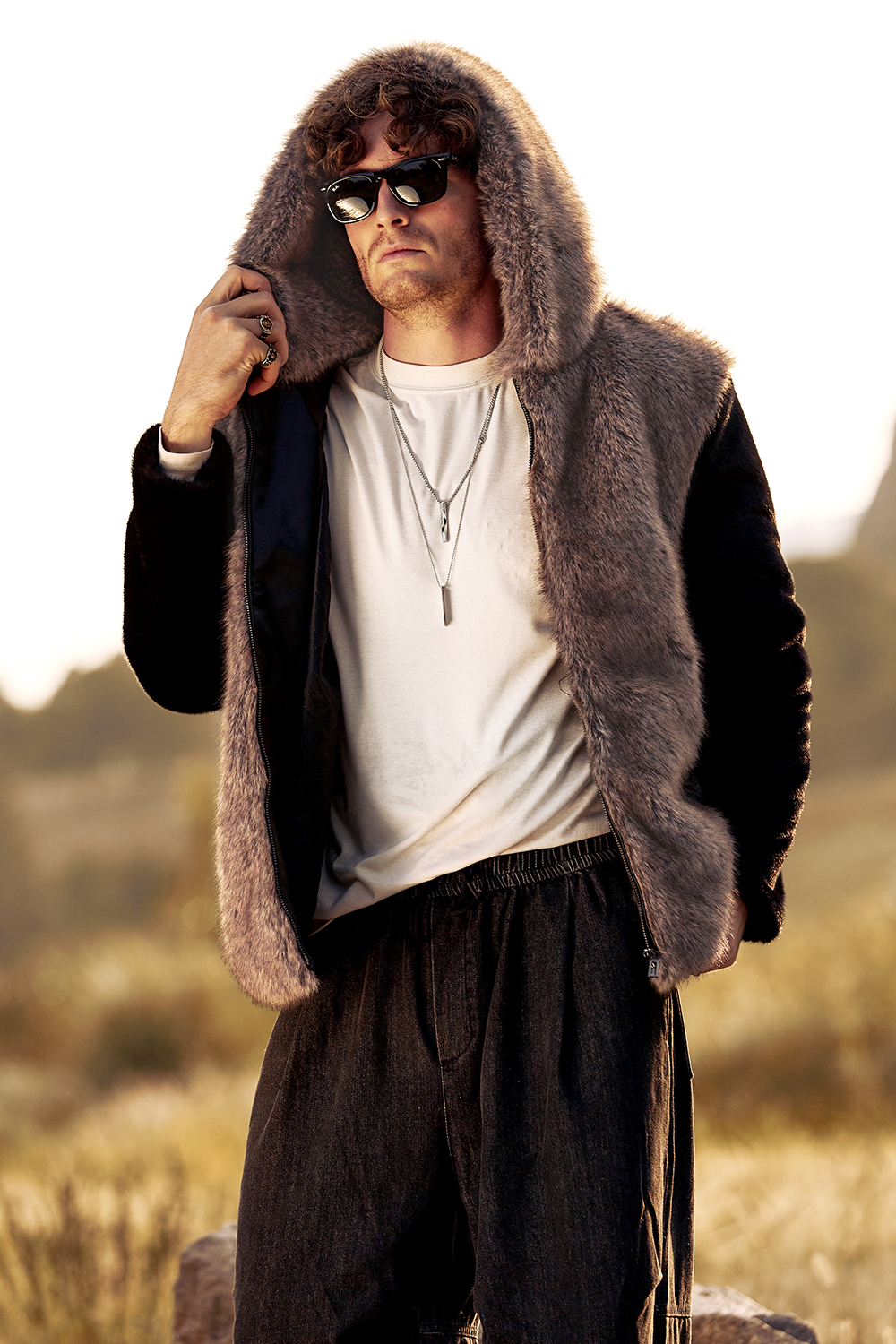 Warm Men's Hooded Coat with Long Sleeves in Fluffy Brown Faux Fur