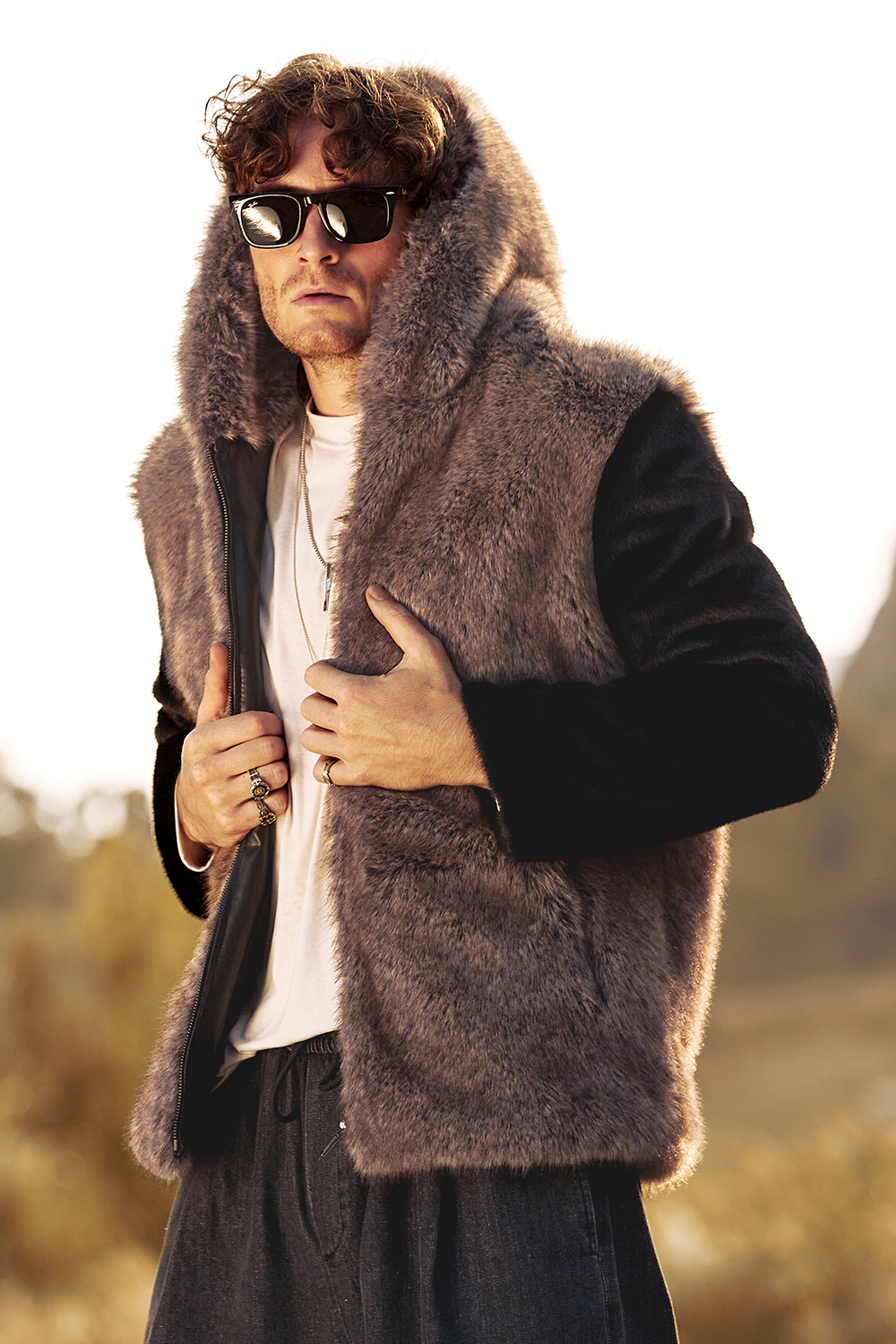 Warm Men's Hooded Coat with Long Sleeves in Fluffy Brown Faux Fur