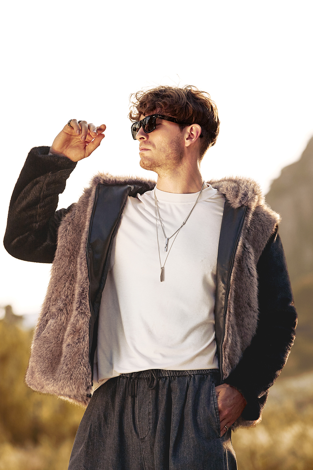 Warm Men's Hooded Coat with Long Sleeves in Fluffy Brown Faux Fur