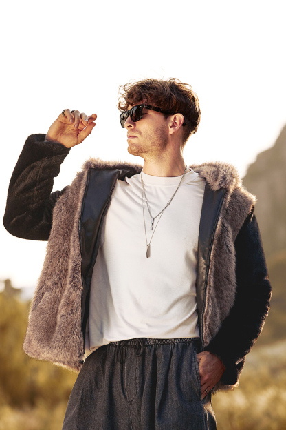 Warm Men's Hooded Coat with Long Sleeves in Fluffy Brown Faux Fur