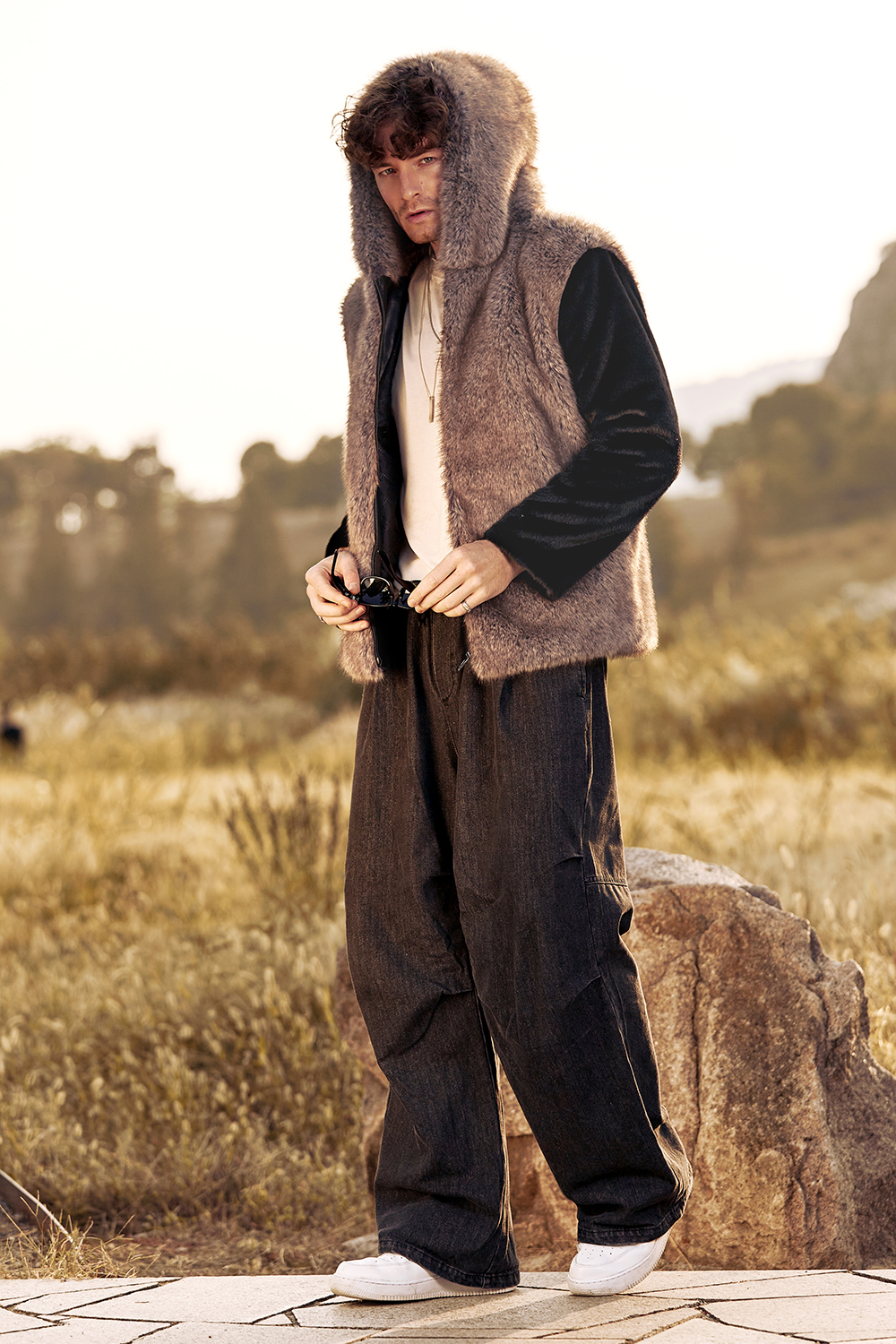 Warm Men's Hooded Coat with Long Sleeves in Fluffy Brown Faux Fur