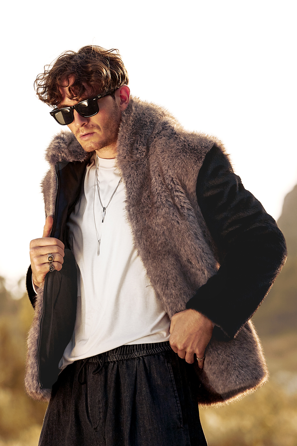 Warm Men's Hooded Coat with Long Sleeves in Fluffy Brown Faux Fur