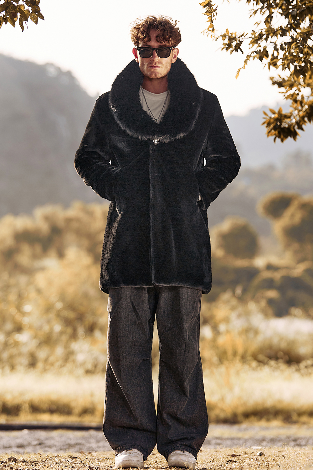 Men's Long Winter Coat with Black Faux Fur Lapel and Fluffy Long Sleeves