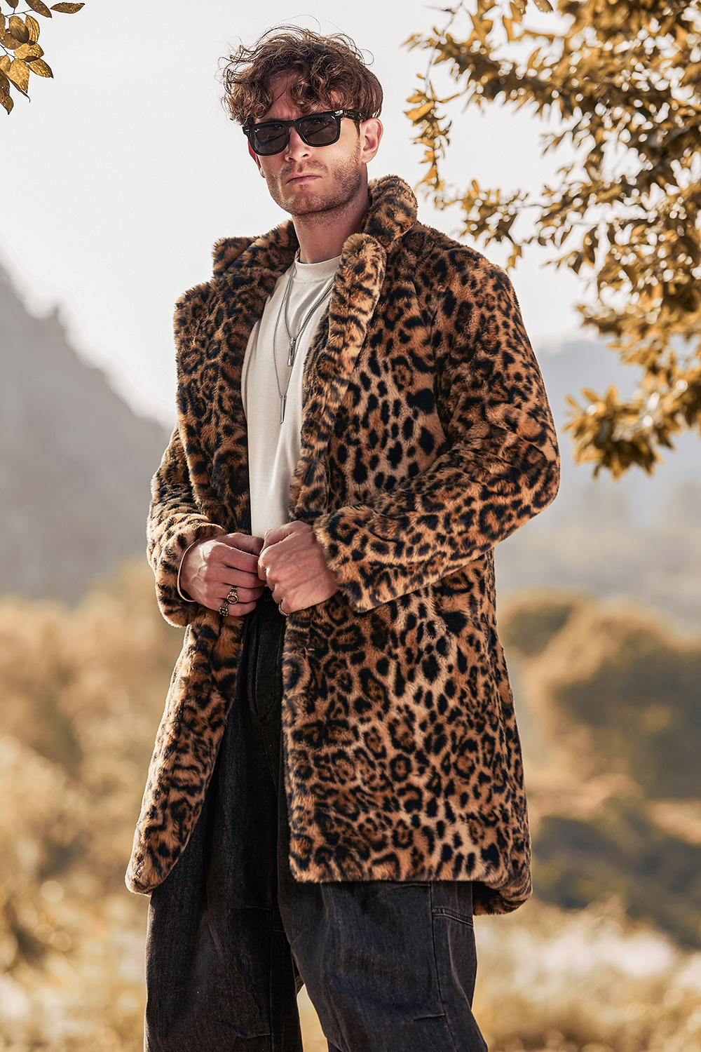 Men's Warm Long Coat with Brown Leopard Faux Fur and Notched Lapel