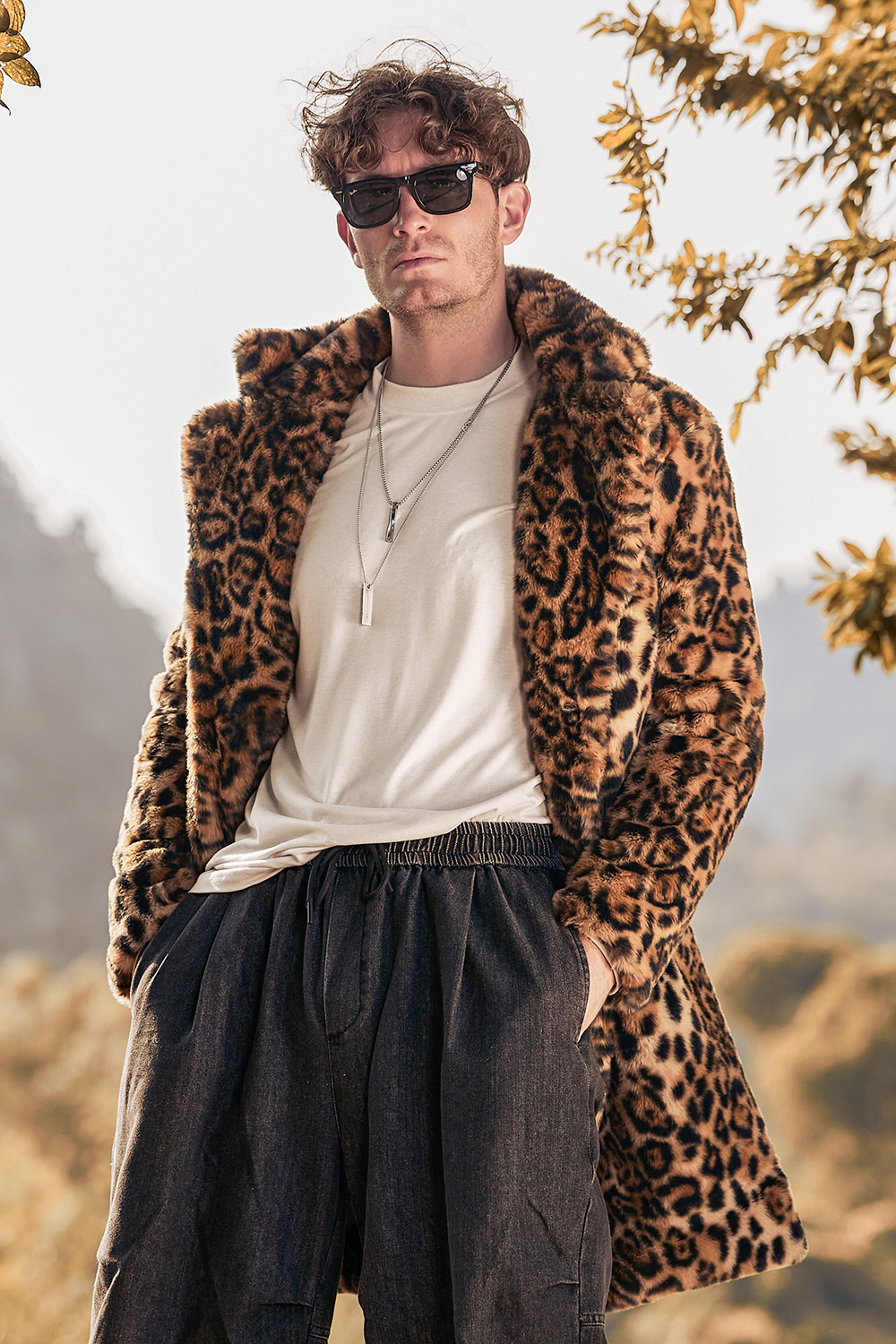Men's Warm Long Coat with Brown Leopard Faux Fur and Notched Lapel