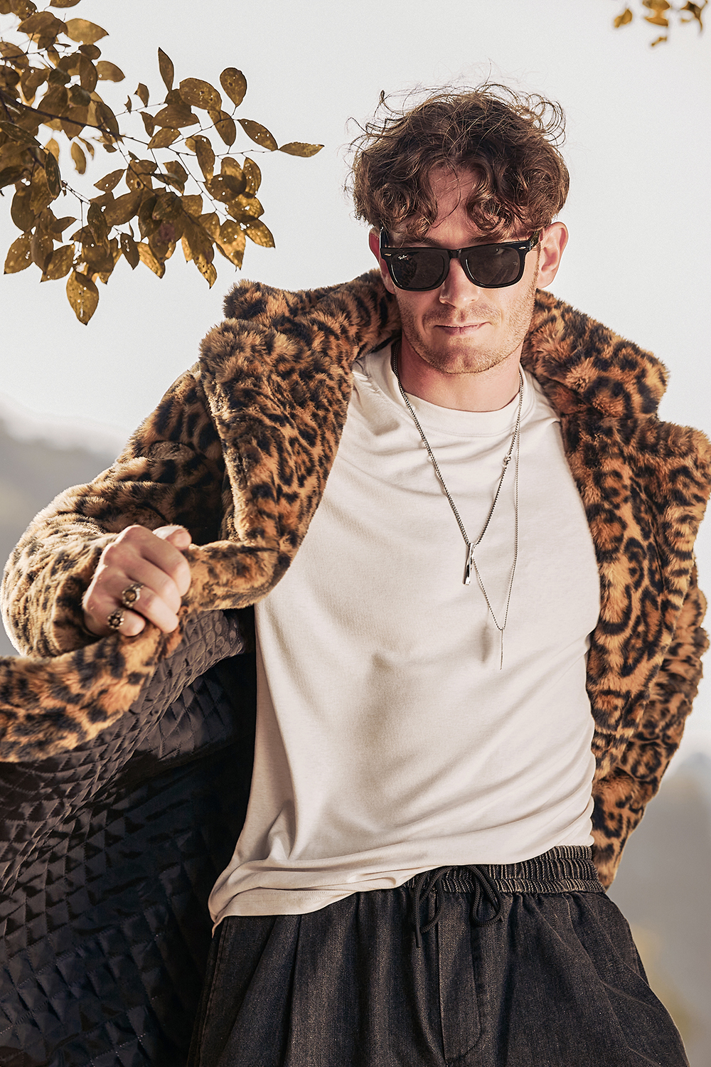 Men's Warm Long Coat with Brown Leopard Faux Fur and Notched Lapel