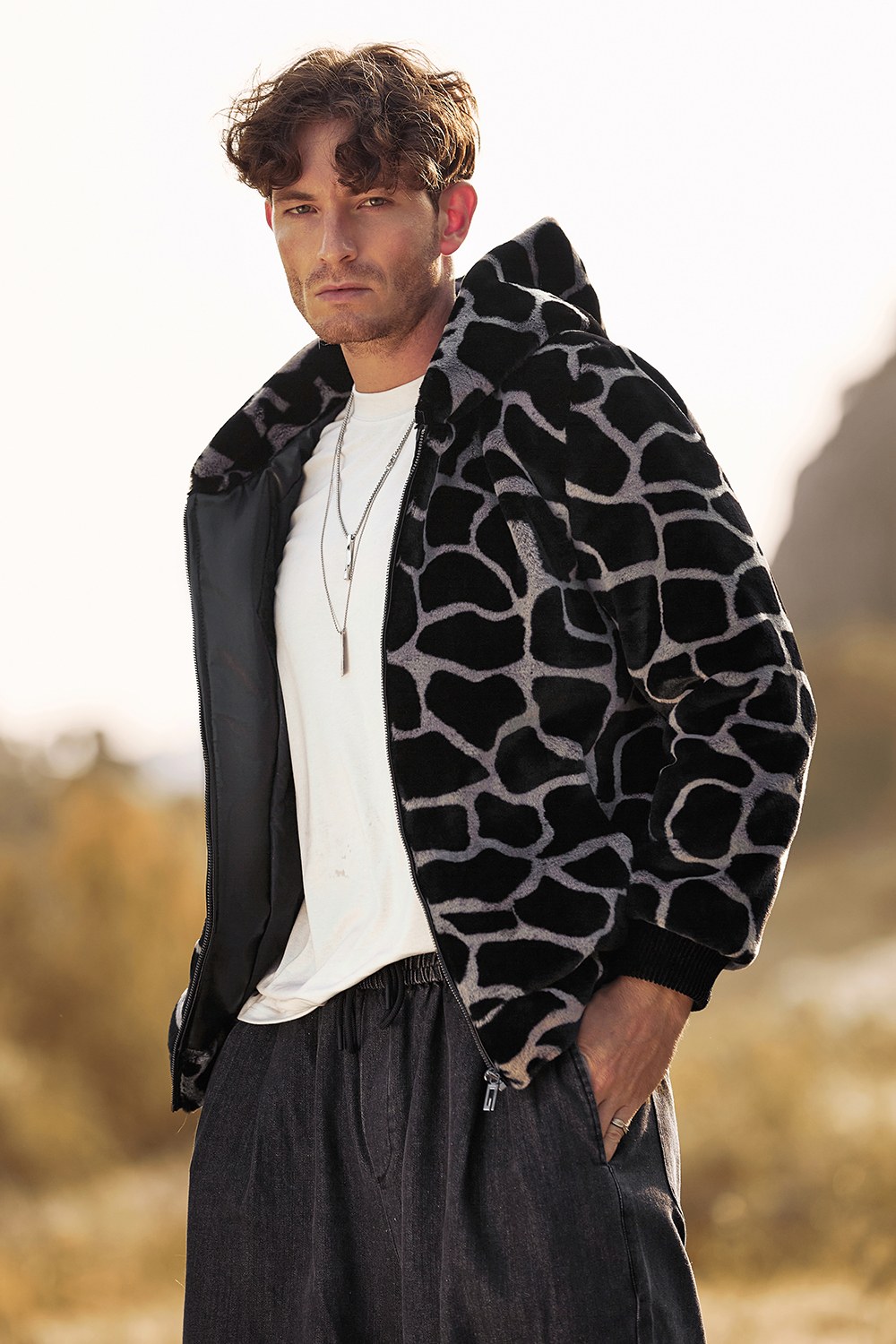 Warm Short Men's Coat in Fluffy Black Leopard Faux Fur