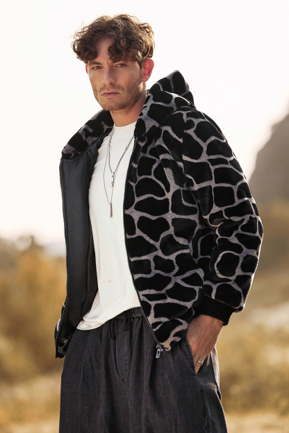 Warm Short Men's Coat in Fluffy Black Leopard Faux Fur