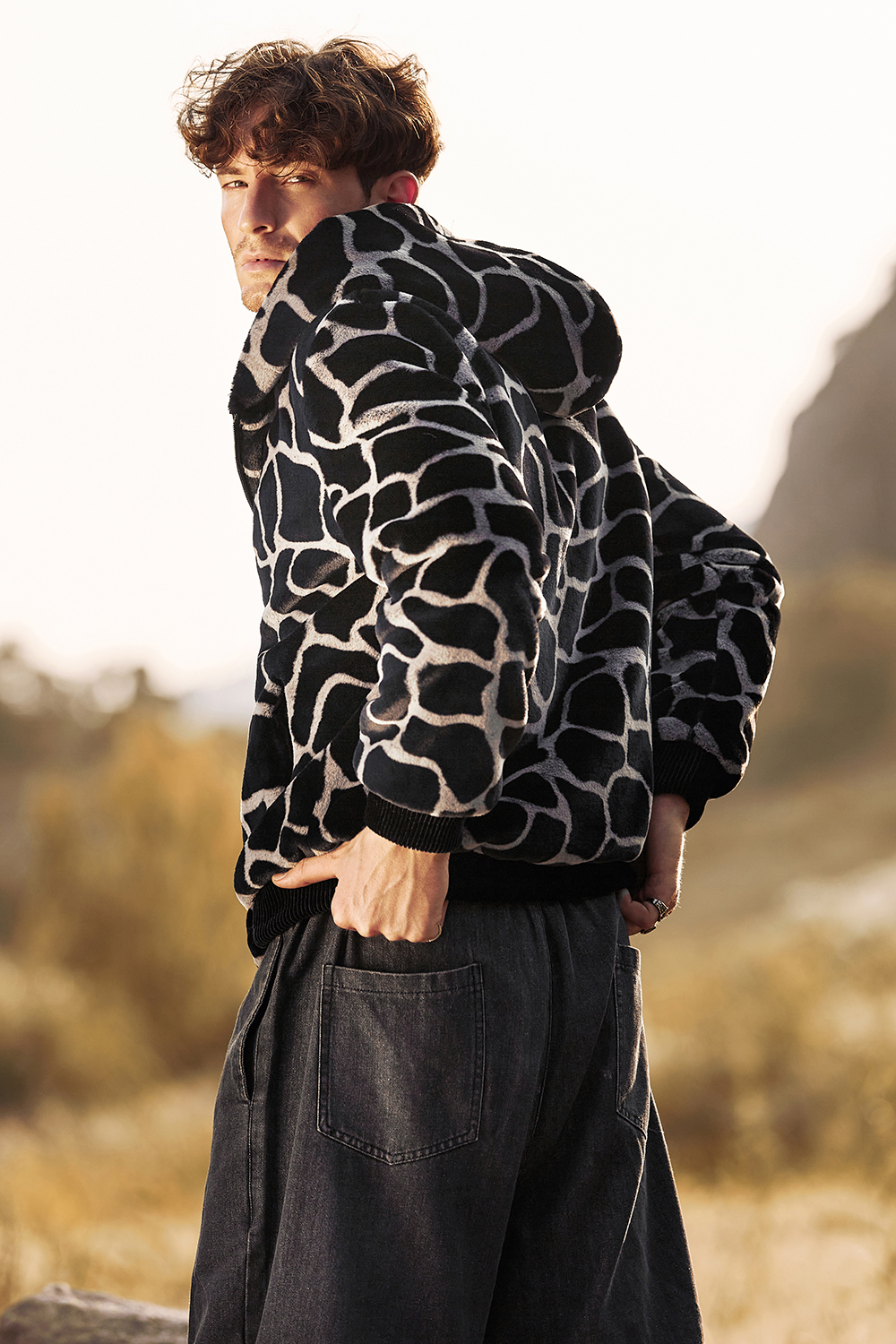 Warm Short Men's Coat in Fluffy Black Leopard Faux Fur