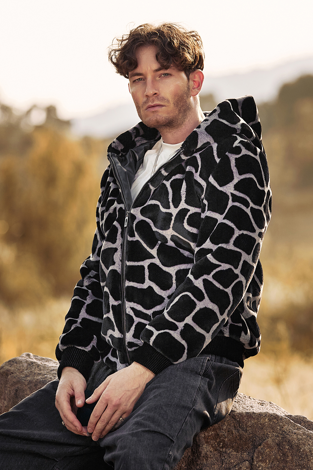 Warm Short Men's Coat in Fluffy Black Leopard Faux Fur