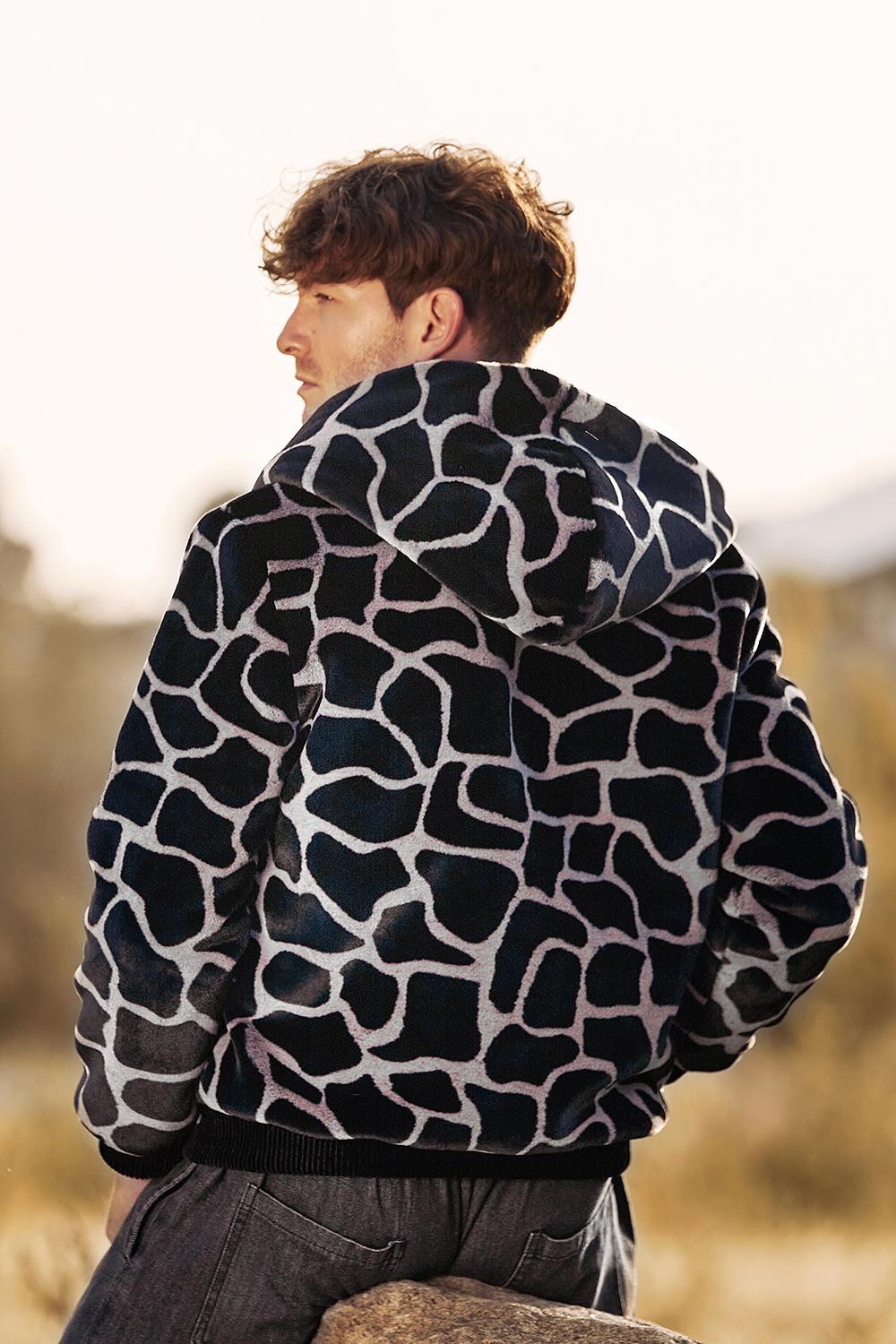 Warm Short Men's Coat in Fluffy Black Leopard Faux Fur
