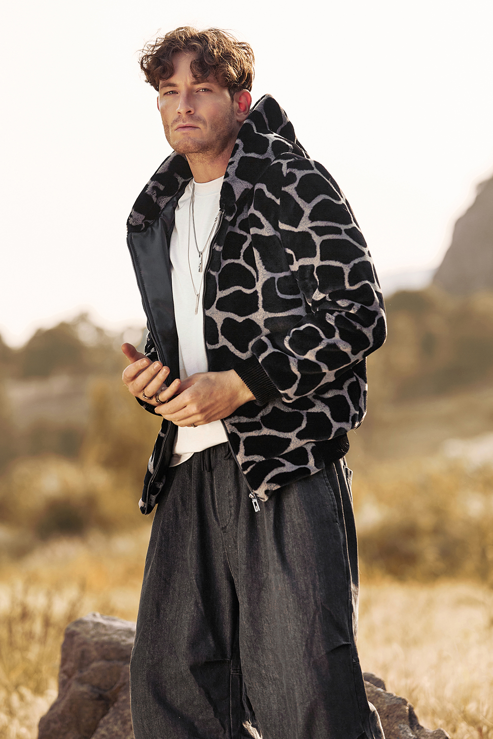 Warm Short Men's Coat in Fluffy Black Leopard Faux Fur