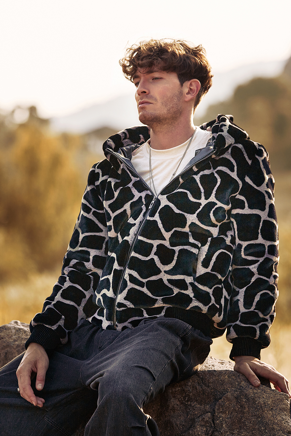 Warm Short Men's Coat in Fluffy Black Leopard Faux Fur