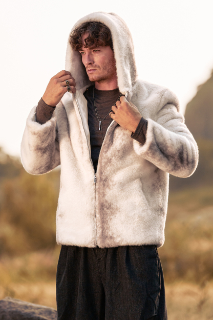 Men's Warm Short Coat with Ivory Faux Fur Hood and Long Sleeves
