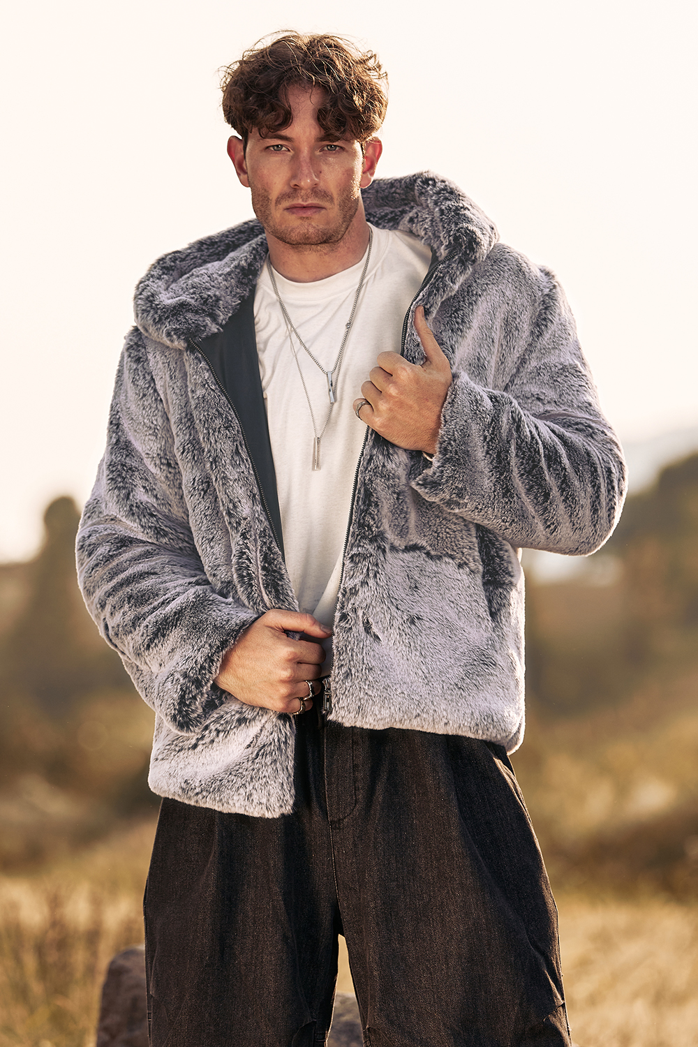 Men's Short Grey Hooded Coat with Fluffy Faux Fur and Long Sleeves
