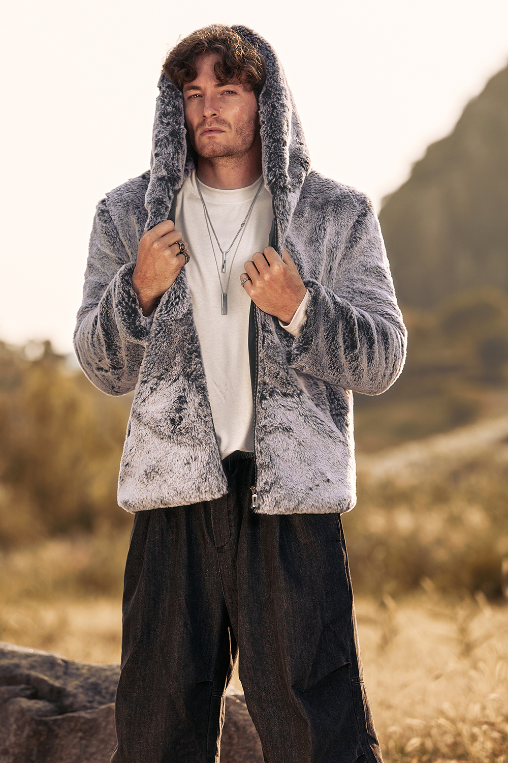 Men's Short Grey Hooded Coat with Fluffy Faux Fur and Long Sleeves