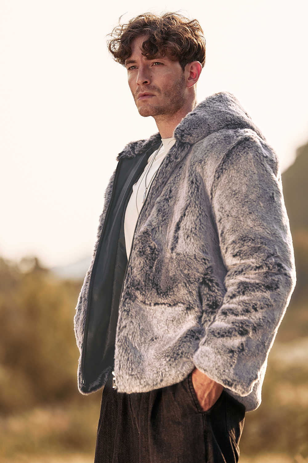 Men's Short Grey Hooded Coat with Fluffy Faux Fur and Long Sleeves