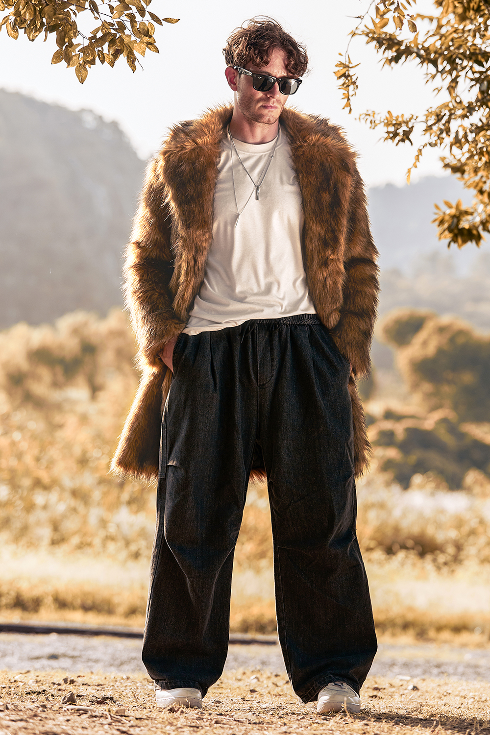 Men's Long Sleeve Coat with Brown Fluffy Faux Fur Turn Lapel
