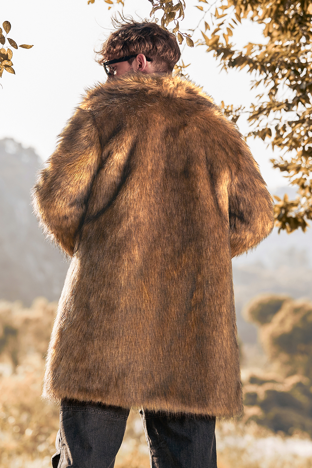 Men's Long Sleeve Coat with Brown Fluffy Faux Fur Turn Lapel