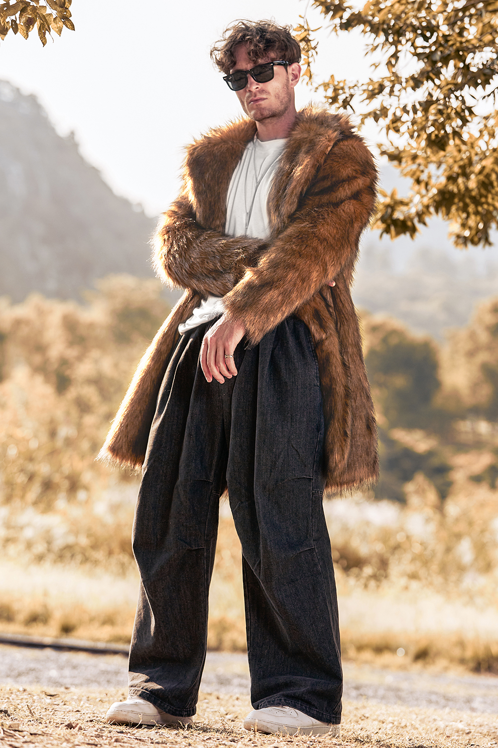 Men's Long Sleeve Coat with Brown Fluffy Faux Fur Turn Lapel