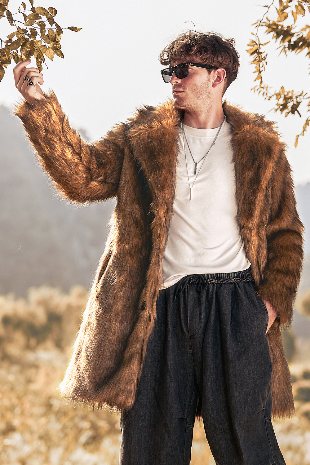 Men's Long Sleeve Coat with Brown Fluffy Faux Fur Turn Lapel