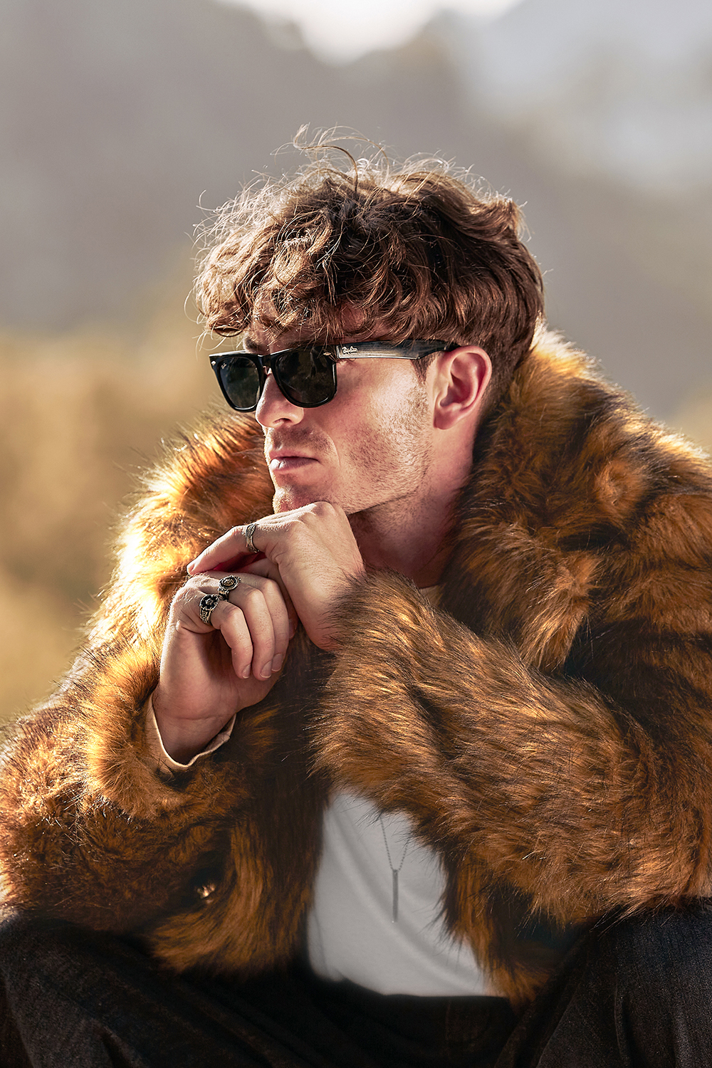 Men's Long Sleeve Coat with Brown Fluffy Faux Fur Turn Lapel