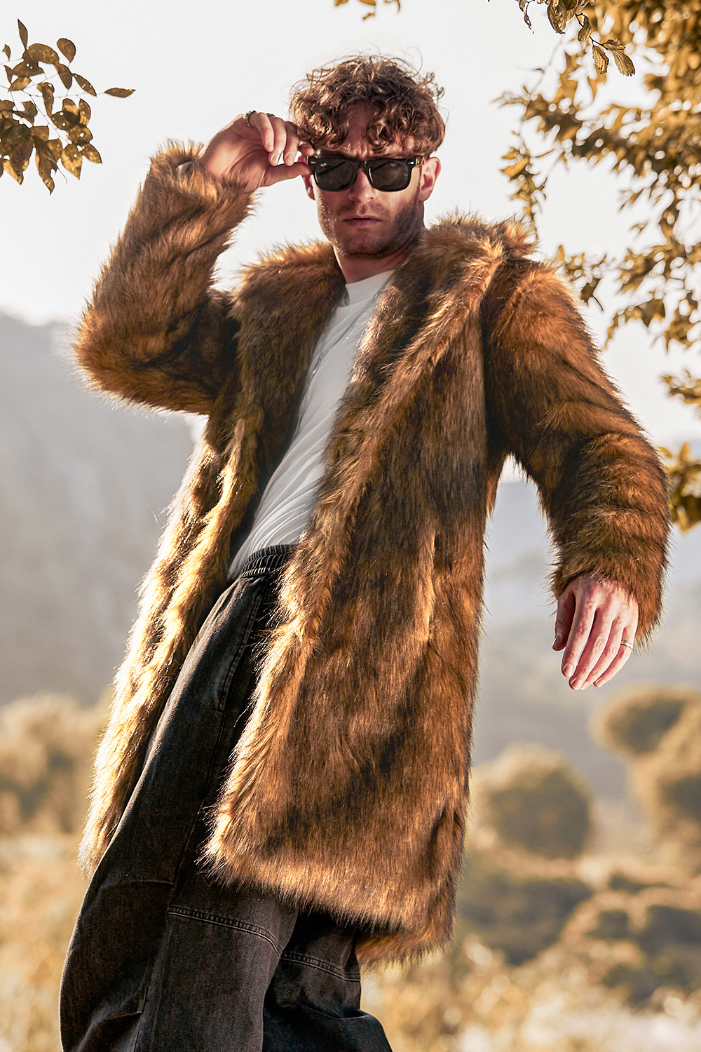 Men's Long Sleeve Coat with Brown Fluffy Faux Fur Turn Lapel