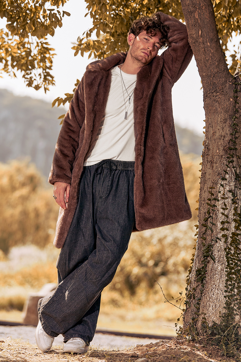 Men's Long Coat with Notched Lapel and Fluffy Brown Faux Fur Long Sleeves