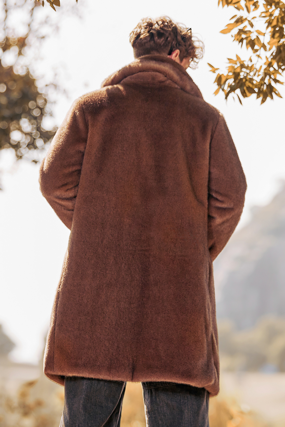 Men's Long Coat with Notched Lapel and Fluffy Brown Faux Fur Long Sleeves