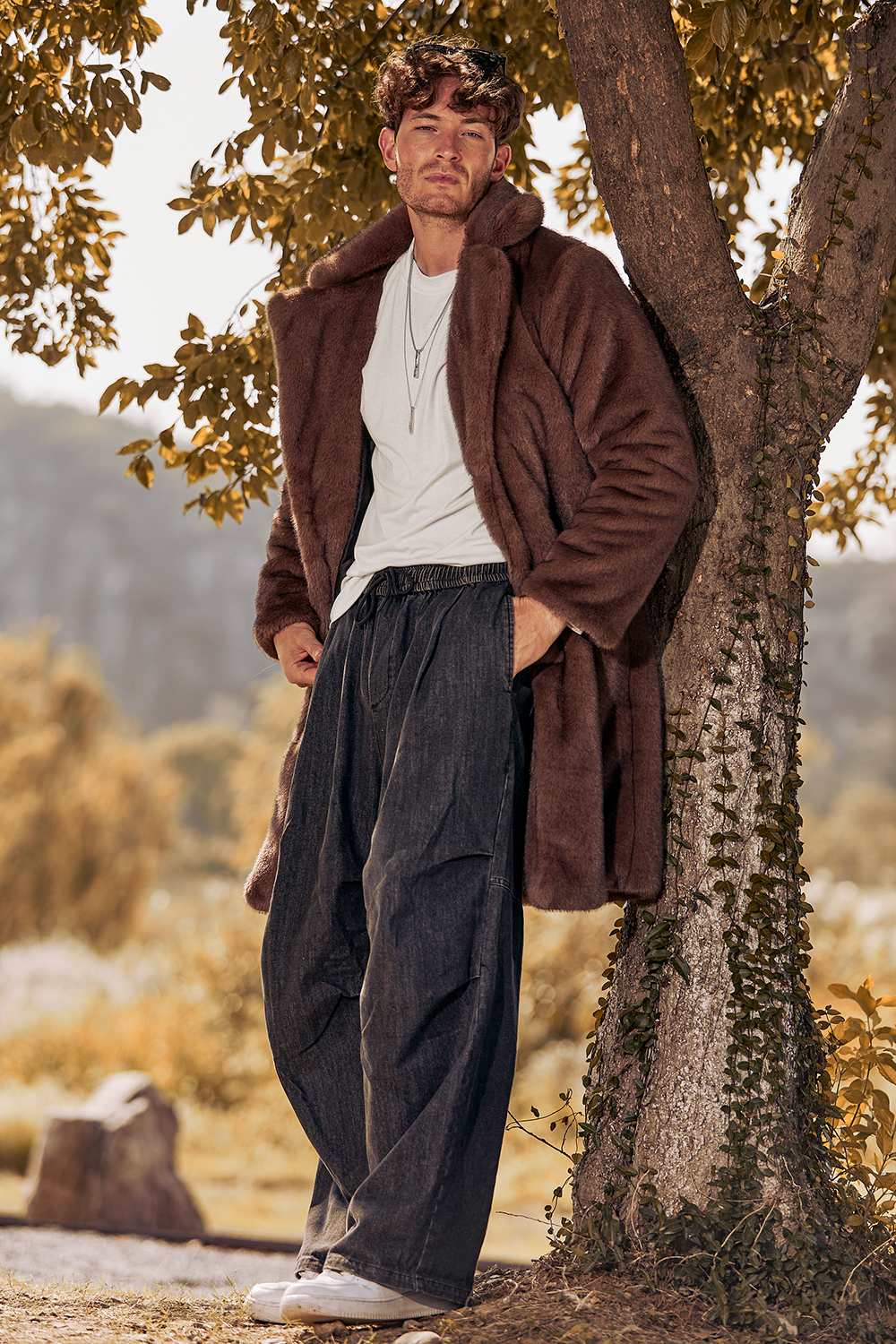 Men's Long Coat with Notched Lapel and Fluffy Brown Faux Fur Long Sleeves