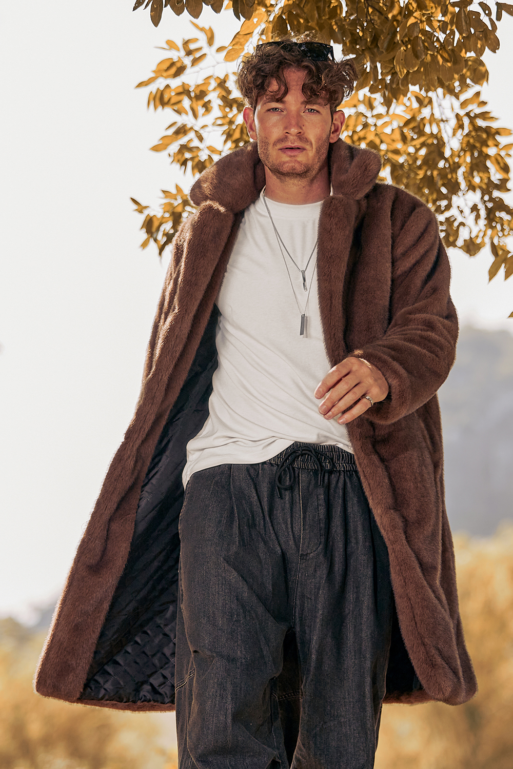 Men's Long Coat with Notched Lapel and Fluffy Brown Faux Fur Long Sleeves
