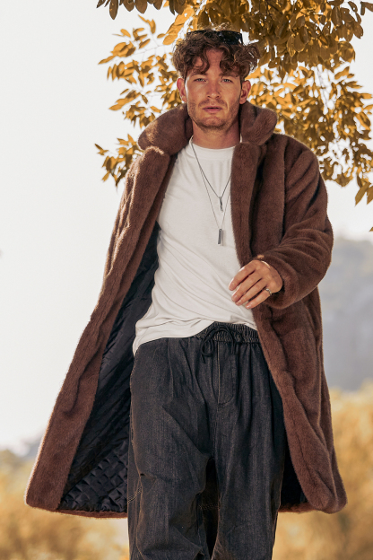 Men's Long Coat with Notched Lapel and Fluffy Brown Faux Fur Long Sleeves
