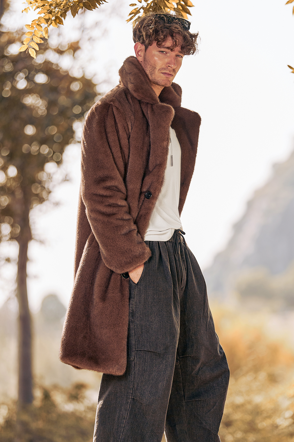 Men's Long Coat with Notched Lapel and Fluffy Brown Faux Fur Long Sleeves