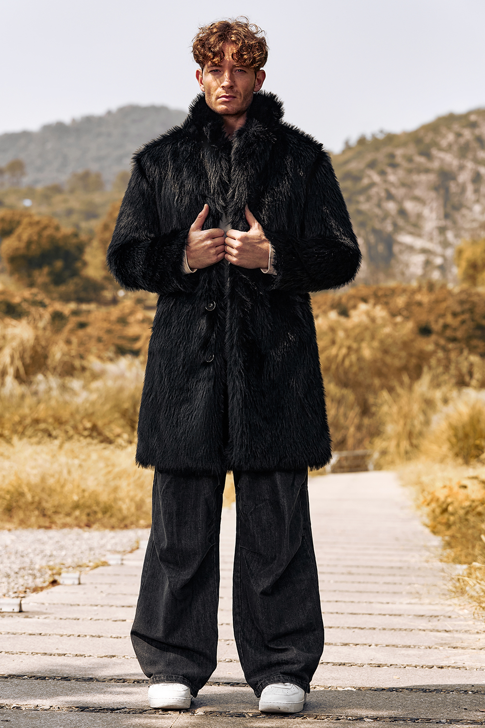 Men's Long Black Coat with Fluffy Faux Fur Turn Lapel and Long Sleeves