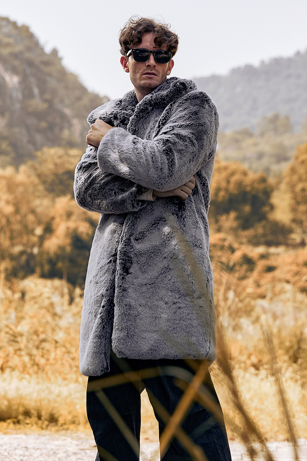 Men's Long Coat with Grey Fluffy Faux Fur Turn Lapel and Long Sleeves