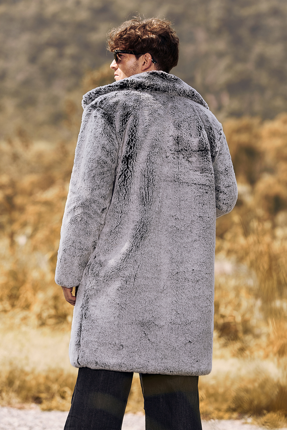 Men's Long Coat with Grey Fluffy Faux Fur Turn Lapel and Long Sleeves