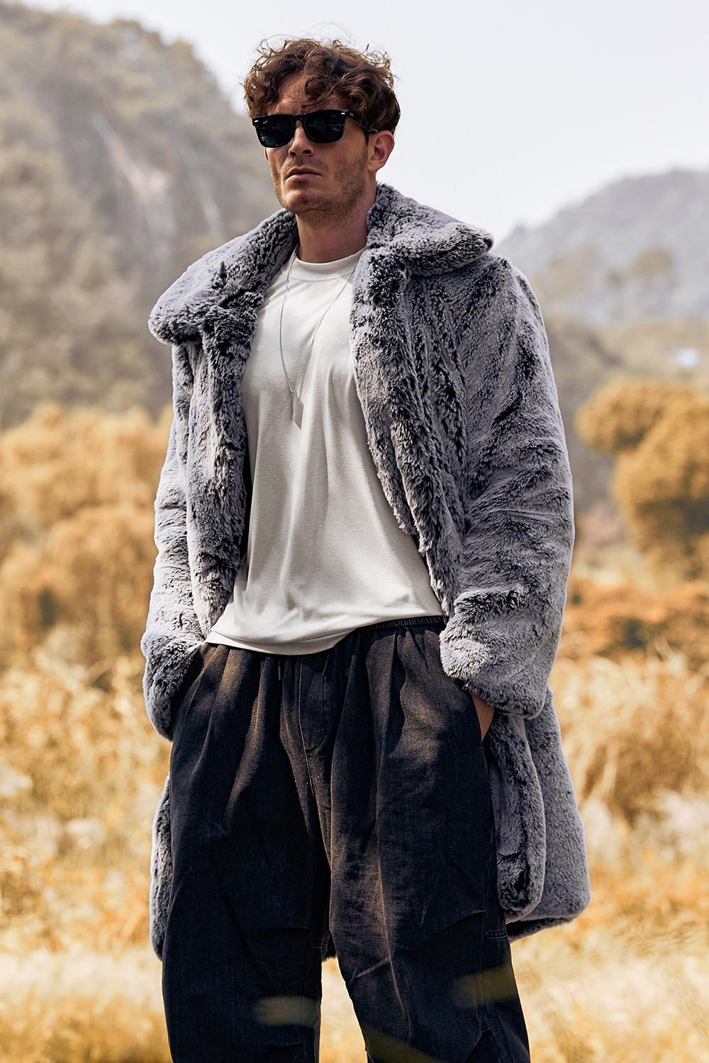 Men's Long Coat with Grey Fluffy Faux Fur Turn Lapel and Long Sleeves